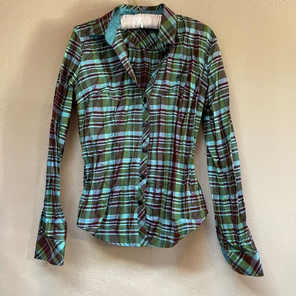 Beluva San Francisco Women Long Sleeve Button Up Shirt Small Green Plaid Pleated - Picture 1 of 8